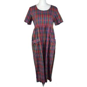 JG Hook Vintage Plaid Long Dress Size M Cotton Red Short Sleeve Modest